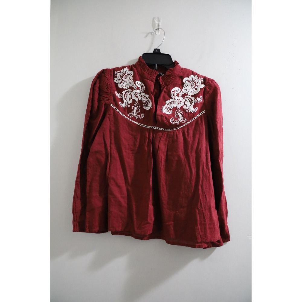 St Roche Burgundy Organic Cotton Embroidered Ruffle Neck Blouse Top Size 4 India